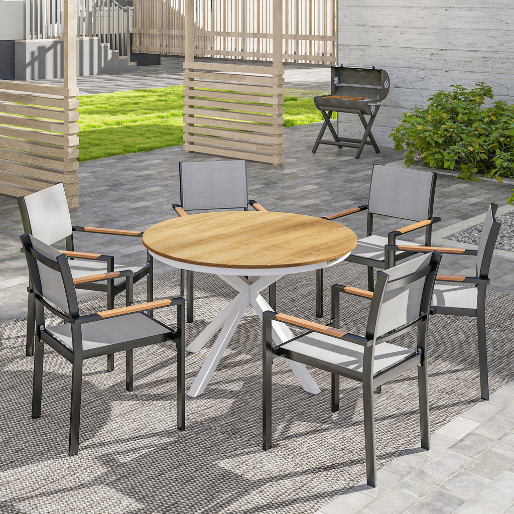 Gartentisch Ø118cm, Wetterfest Balkontisch aus Aluminium, Beistelltisch mit Kreuzbeine Lattendesign Teak