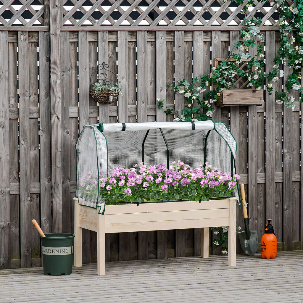 Raised Garden Bed Outdoor Elevated Wood Planter Box w/ PE Cover, Natural