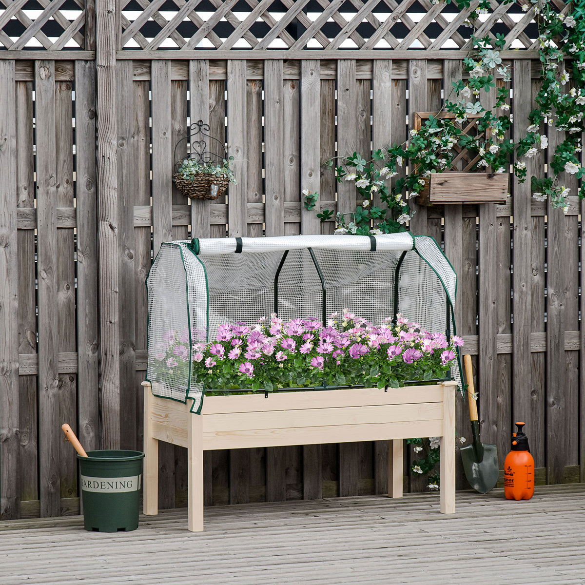 Raised Garden Bed Outdoor Elevated Wood Planter Box w/ PE Cover, Natural