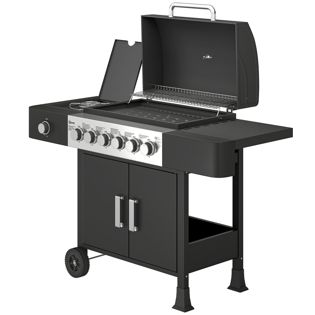 Gasgrill 17,8 KW 6+1 Brenner BBQ Grillwagen aus Edelstahl inkl Rolle Seitenbrenner Thermometer Emaille-Grillrost