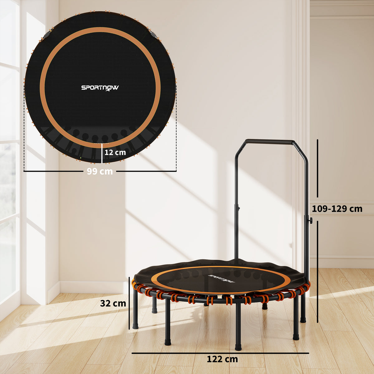 Fitness-Trampolin mit verstellbarem Handlauf, Sport-Trampolin f¨¹r drinnen und drau?en, Stahl, Kunststoff, Orange