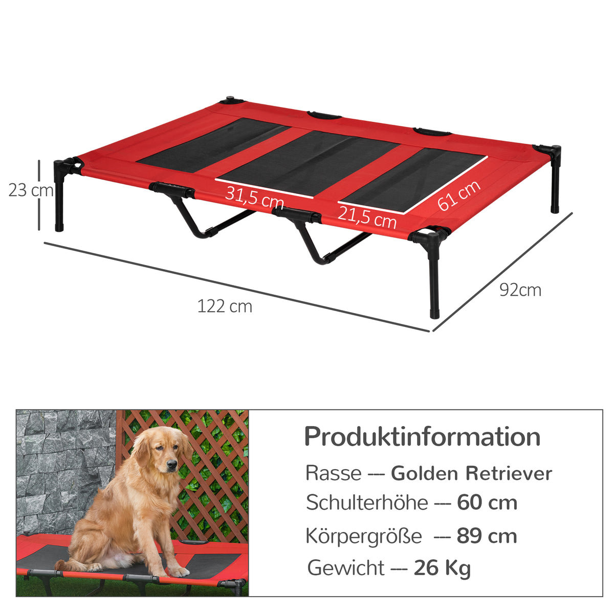 Hundebett, faltbar, Outdoor-Hundebett, erhöhter Stand, 122 cm x 92 cm x 23 cm, Rot + Schwarz