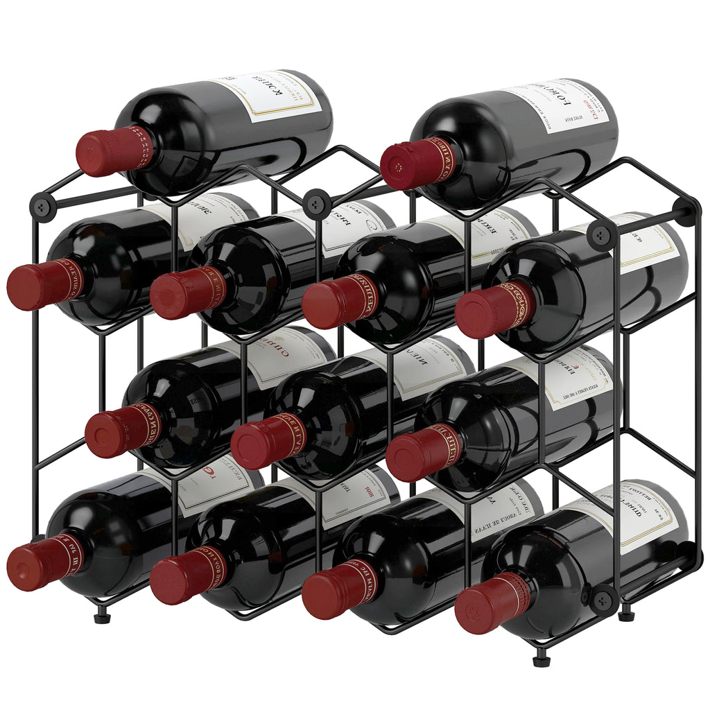 Weinregal für 13 Flaschen Flaschenregal mit Wabendesign Verstellbaren Füßen Kippschutz Metall 43 x 15,5 x 31 cm Schwarz