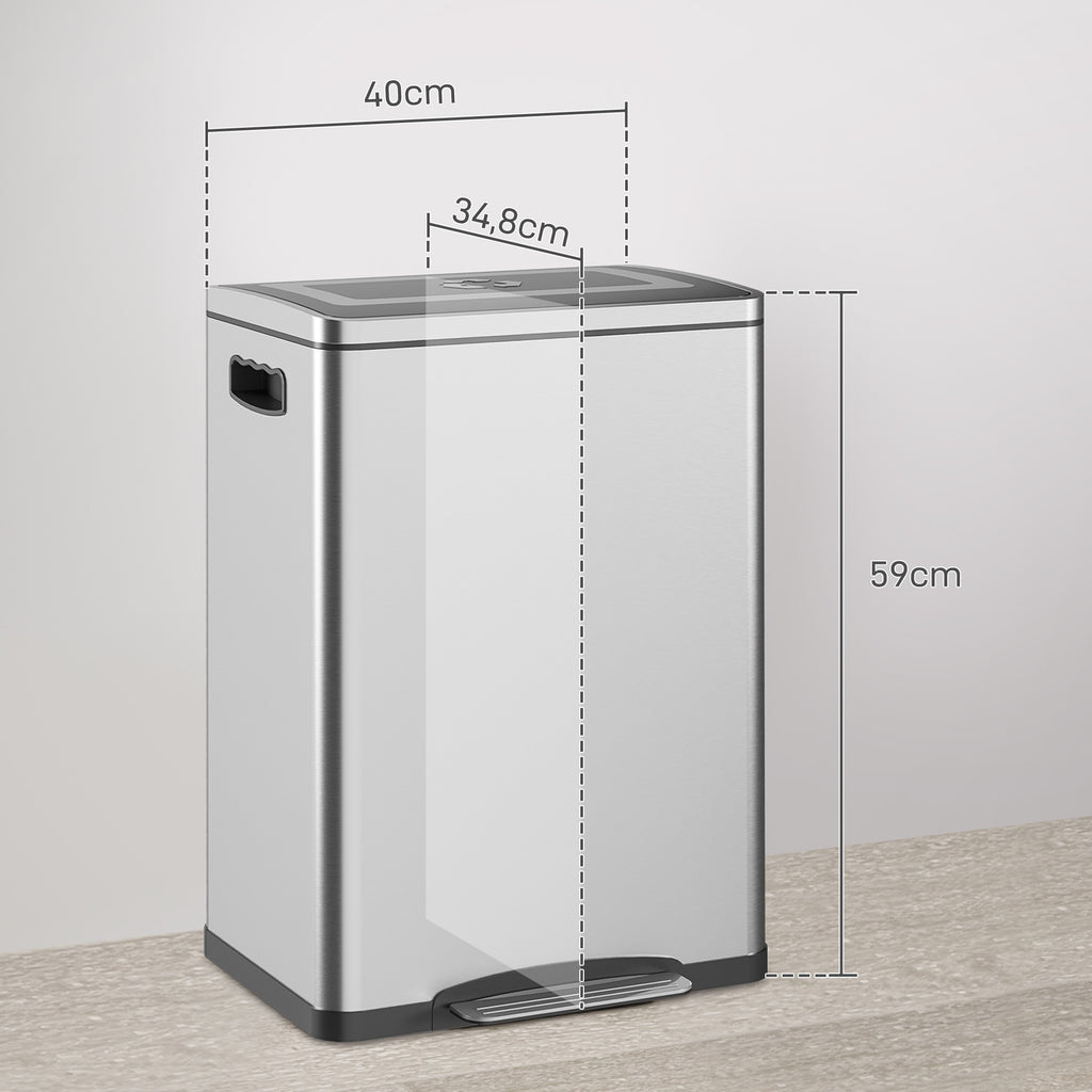 M¨¹lleimer, Abfalleimer mit Deckel und Fu?pedal, Edelstahl, 2x 20 Liter-F?cher, Silber