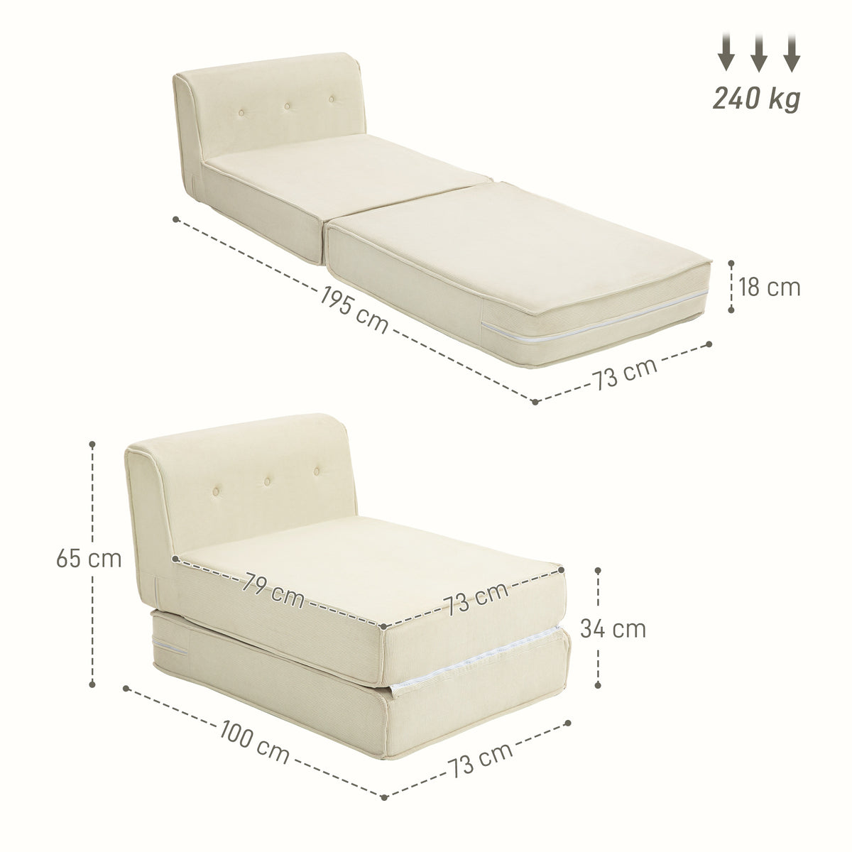 Bodensofa, faltbare G?stematratze, leicht, Cordbezug, 73x100x65 cm, Cremewei?