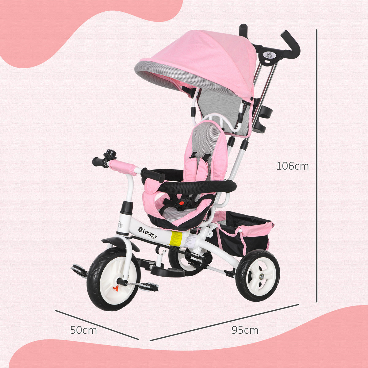 6 in 1 Kids Trike Push Bike w/ Push Handle, Canopy, 5-point Seat Belt, Storage, Footrest, Brake, for 1-5 Years, Pink