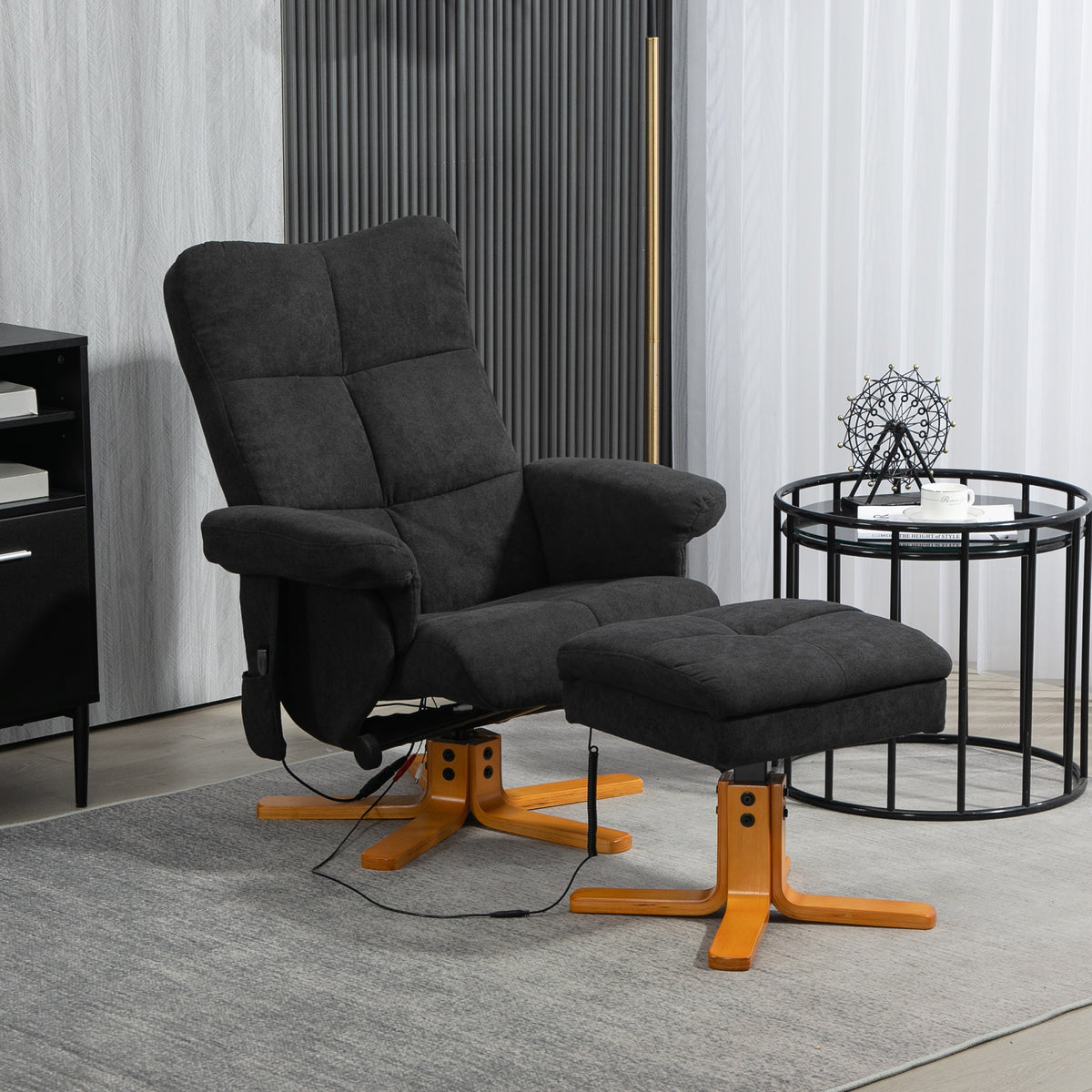 Massagesessel mit Liegefunktion und Fu?hocker, 145¡ã-Neigung, Polyester, 80 x 86 x 99 cm, Schwarz
