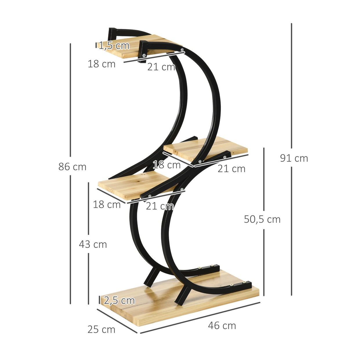 Pflanzenst?nder mit 4 Regalen, Massivholz, wetterbest?ndig, 46 cm x 25 cm x 91 cm, Schwarz + Natur