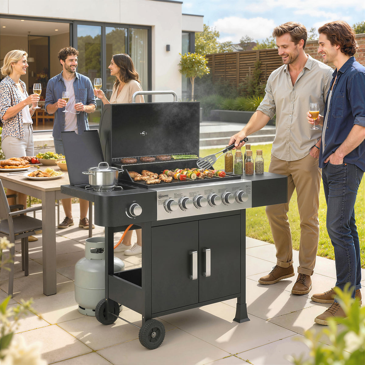 Gasgrill 17,8 KW 6+1 Brenner BBQ Grillwagen aus Edelstahl inkl Rolle Seitenbrenner Thermometer Emaille-Grillrost