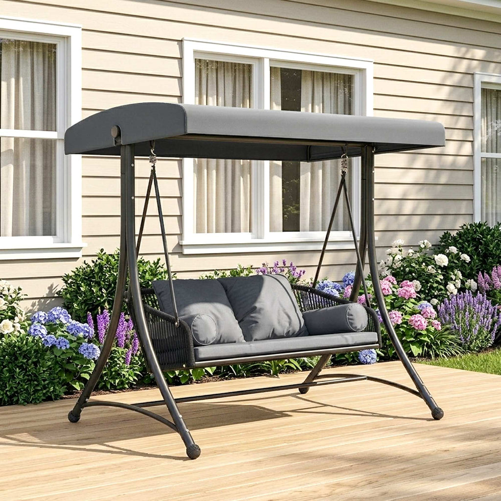 Hollywoodschaukel Rattan 2-Sitzer Gartenschaukel mit Verstellbarem Sonnendach weichem Kissen A-Rahmen Dunkelgrau