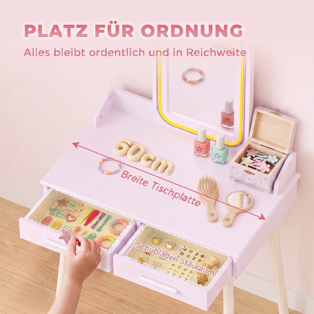 Kinder Schminktisch Set 2 in 1 mit LED-Spiegel für Mädchen Rosa