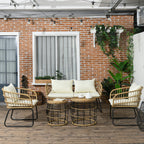 Rattansitzgruppe Lounge-Set Outdoor-Sitzgruppe, Boho-Stil, 5-teilges Set, 145 x 70 x 78 cm, Creme + Natur + Schwarz