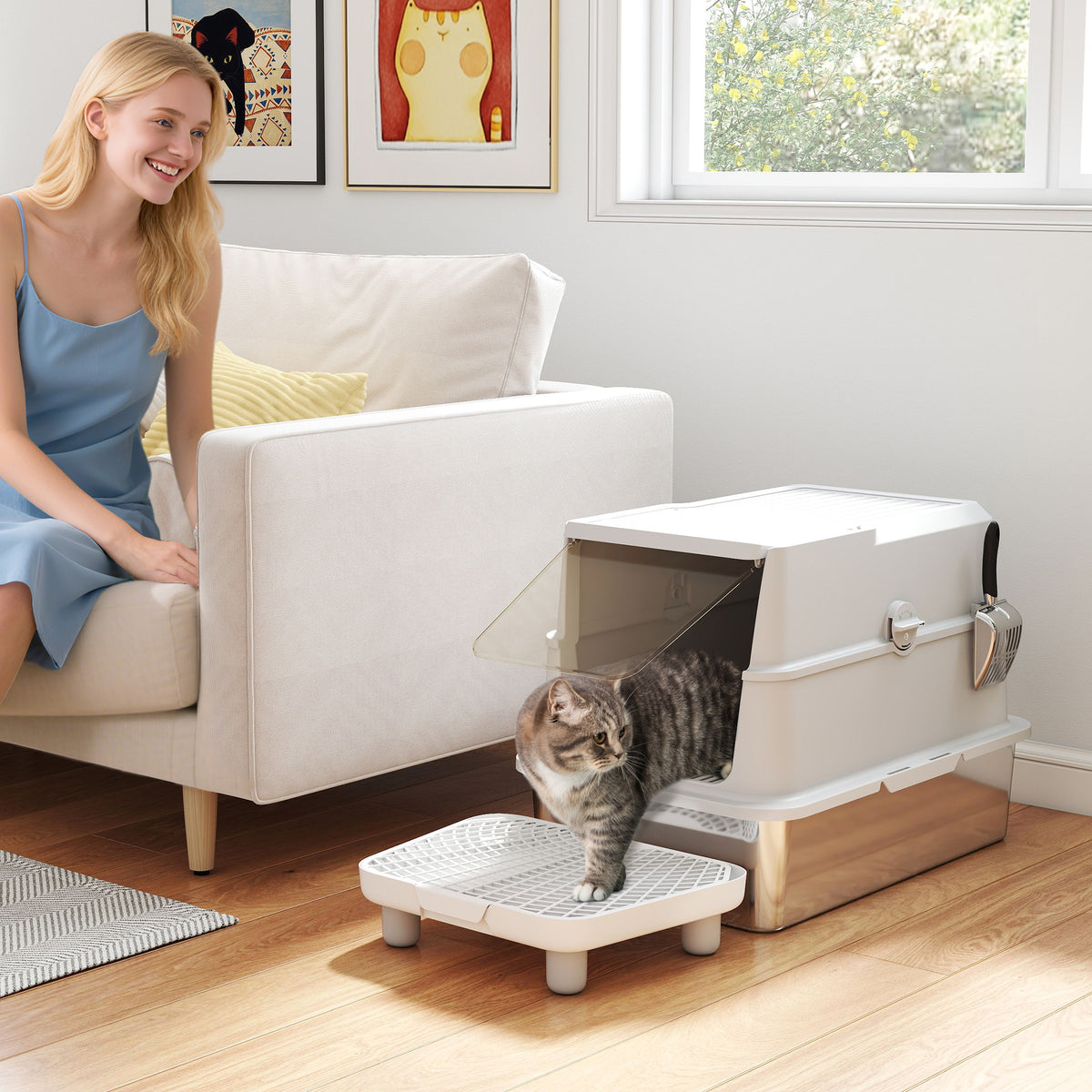 Katzentoilette, Edelstahl, XL-Innenraum, mit Schaufel, Hellgrau