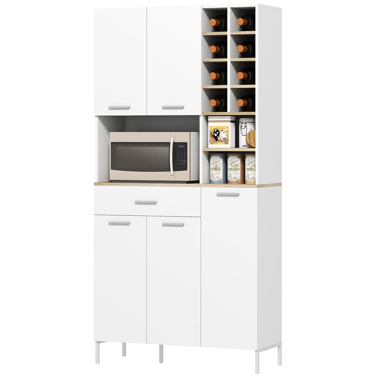 K¨¹chenschrank mit offenen Regalen, F?chern, Weinregal, Vorratsschrank mit 5 Schrankt¨¹ren, MDF, Wei?