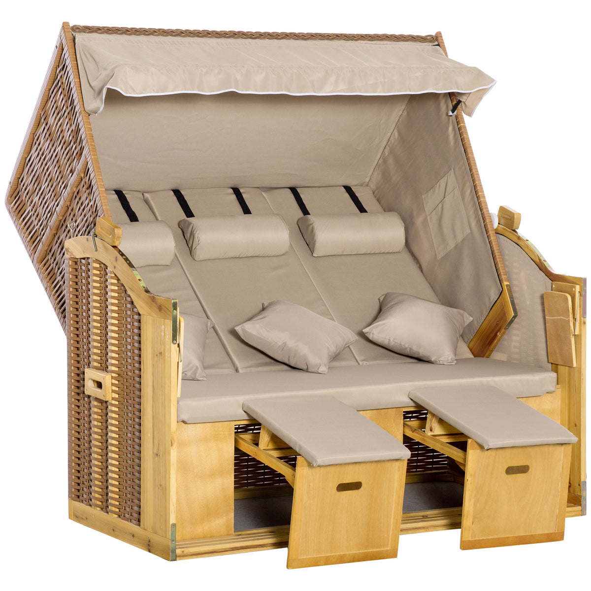 Strandkorb 3-Sitzer Sonnenliege mit Dach 2 Klapptischen Fußstütze Chaiselongue 5-stufige Rückenlehne XXL Polyrattan Natur 150 x 79 x 160 cm