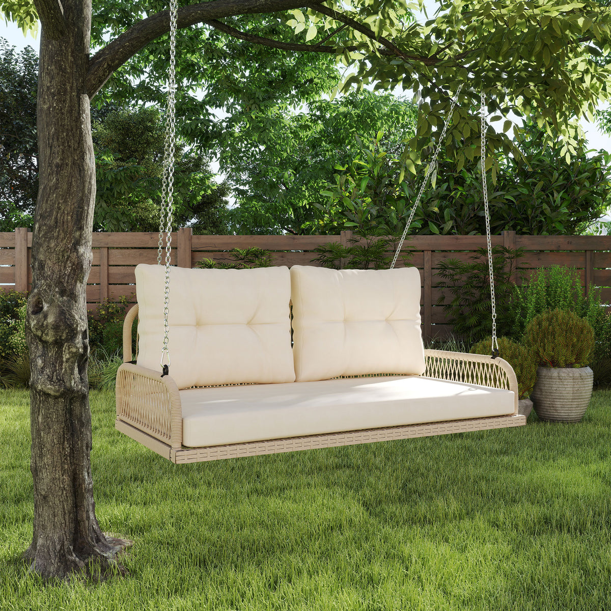 Hollywoodschaukel 2-Sitzer Rattan Gartenschaukel mit Kissen Ketten bis 240 kg 115 x 66 x 44 cm Beige