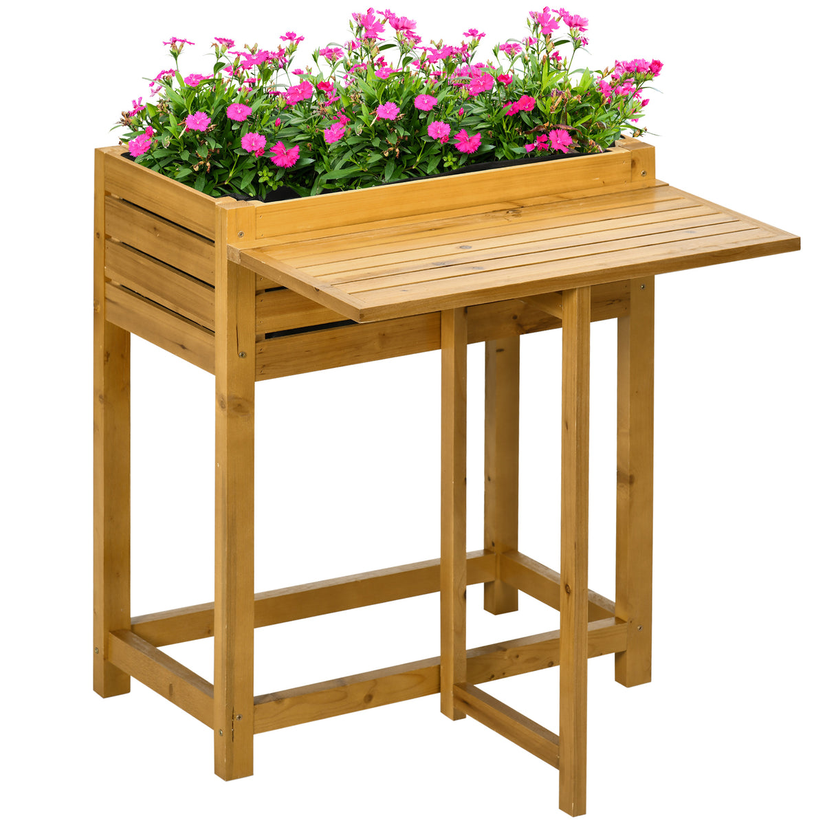 Hochbeet mit klappbarer Arbeitsfl?che, lackiertes Massivholz, Innenverkleidung aus Vlies, 64cm x 63cm x 74,5cm