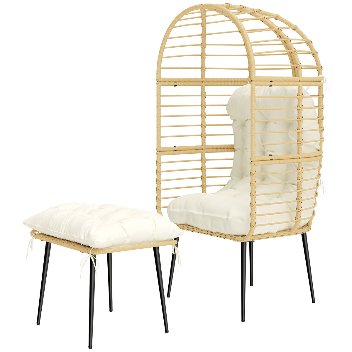 Gartensessel mit Hocker PE Rattan Ei-Form Korbsessel mit langen & dicken Kissen Metallrahmen Beige