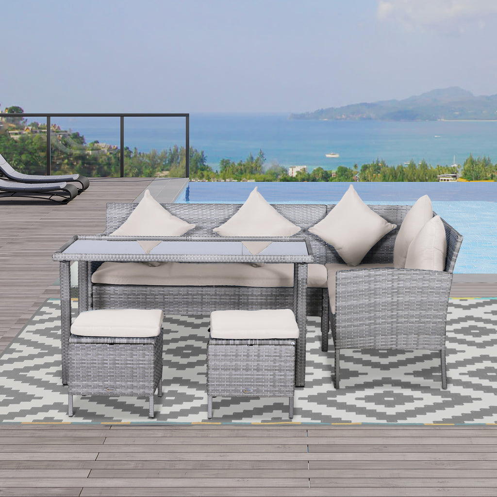  5-tlg. Gartenmöbel Set, Rattan Sitzgruppe mit Fußhocker, Metall, Grau, 142 x 60 x 75 cm