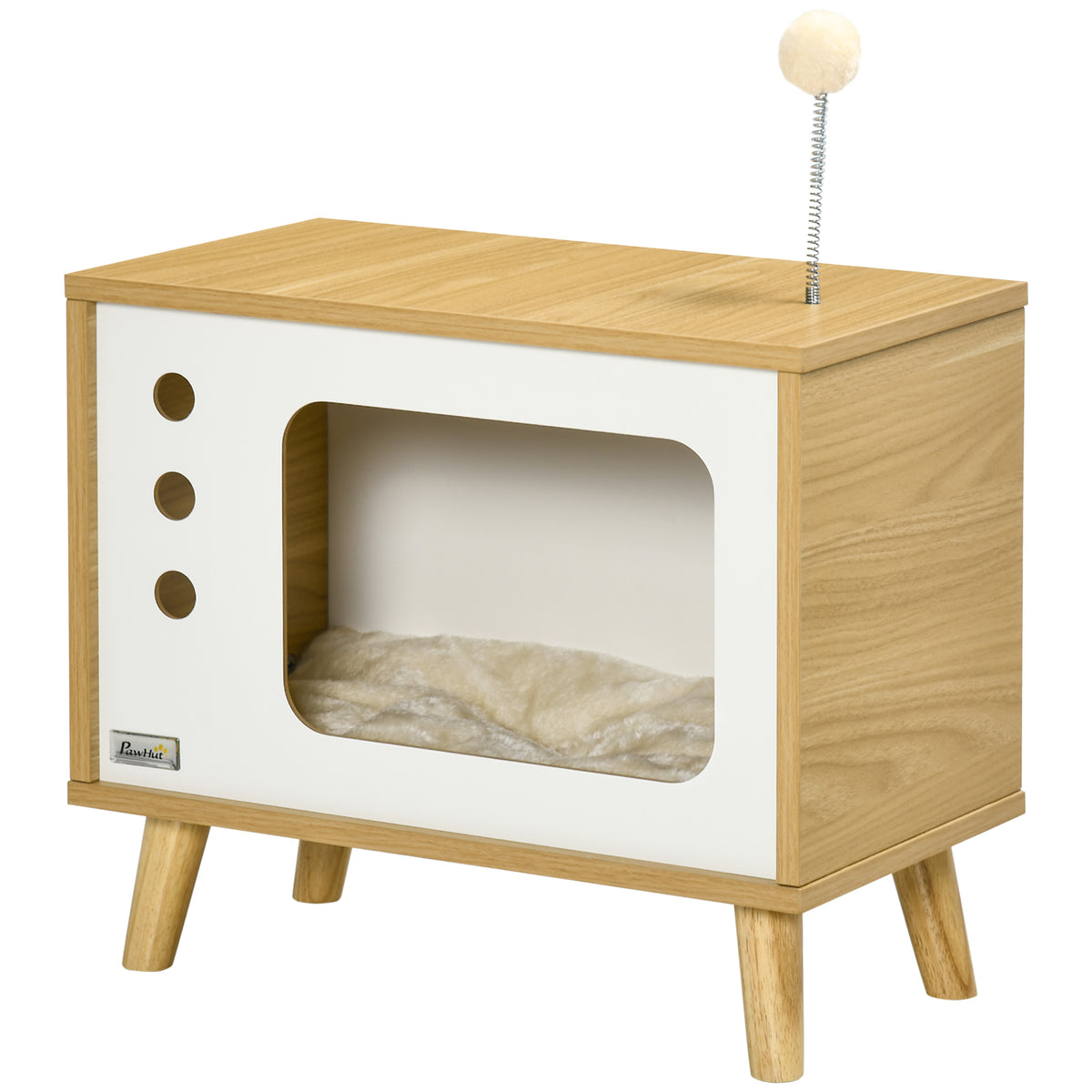 Katzenhöhle imTV-Design inkl. Spielzeug, waschbares Kissen, 50 cm x 28 cm x 43 cm, Eiche + Beige + Weiß