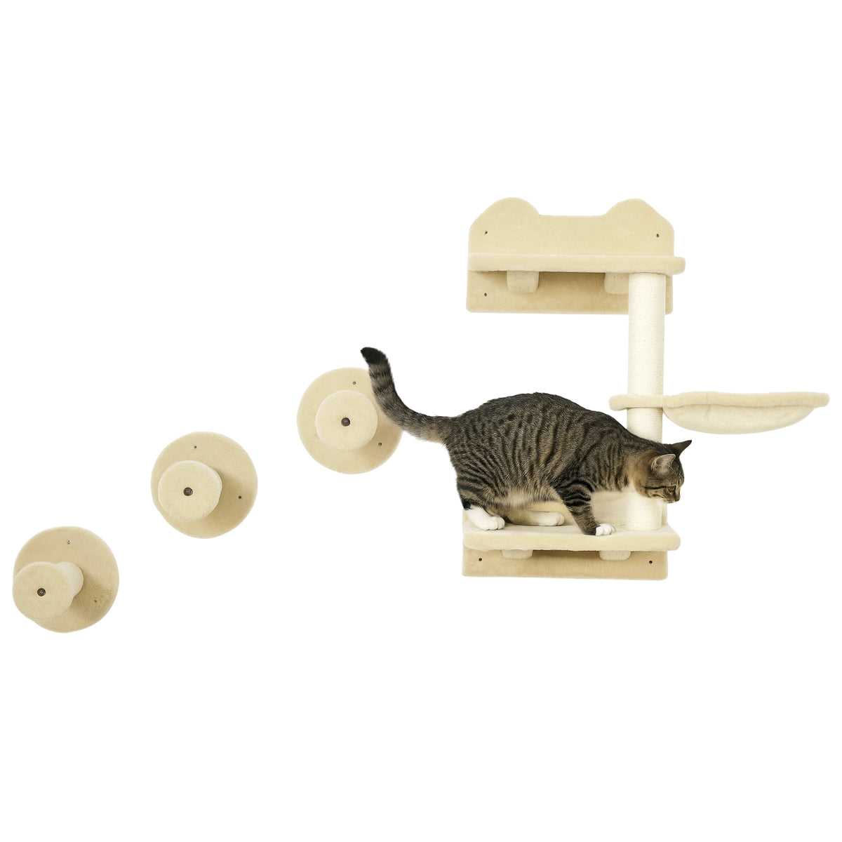 4 Piece Cat Shelf with Scratching Post, Wall-Mounted Cat Tree for Indoor Cat - Beige