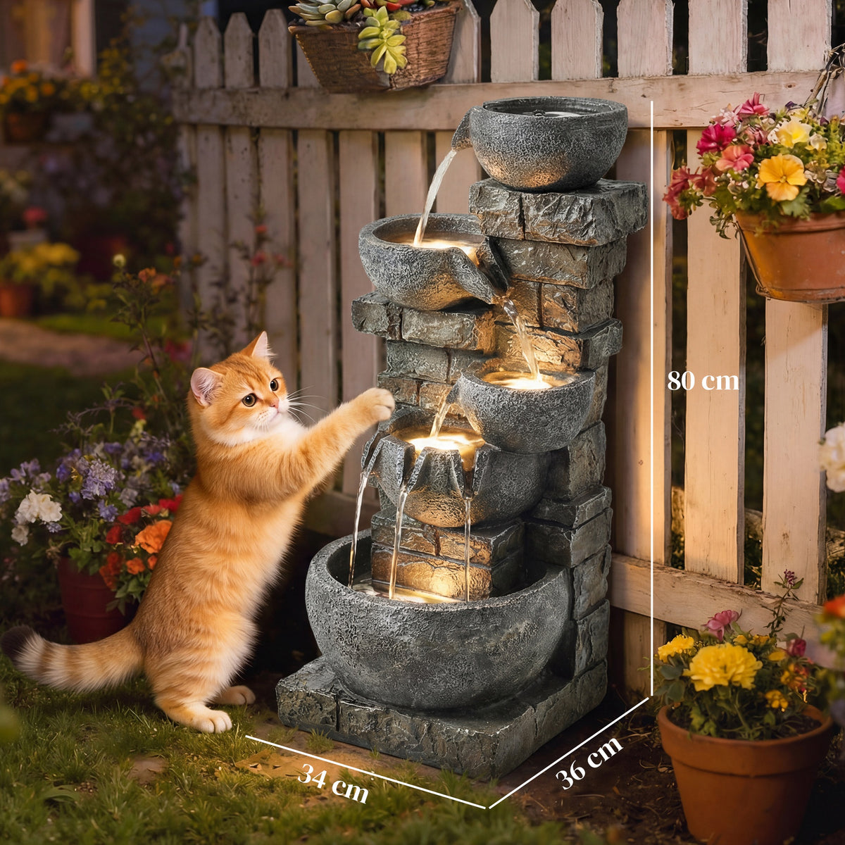 Springbrunnen Outdoor aus Kunstharz fünfstöckig Gartenbrunnen mit LED Beleuchtung Pumpe Steinoptik 34 x 36 x 80 cm