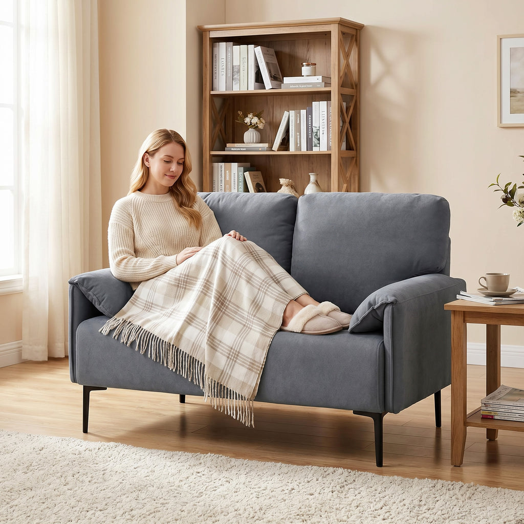 2-Sitzer-Sofa, dicke Kissen, samtiger Bezug, Polstersofa, Schwarz