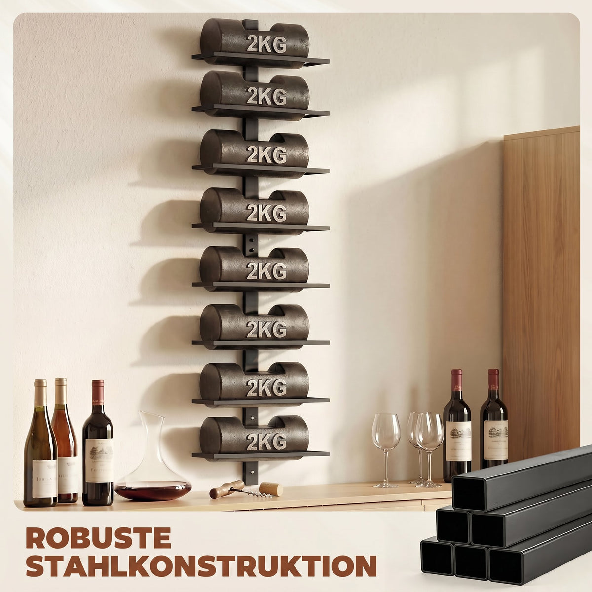 Wall Mounted Wine Rack, 8 Tier Metal Wine Display Rack, Storage Holder for Kitchen, Black