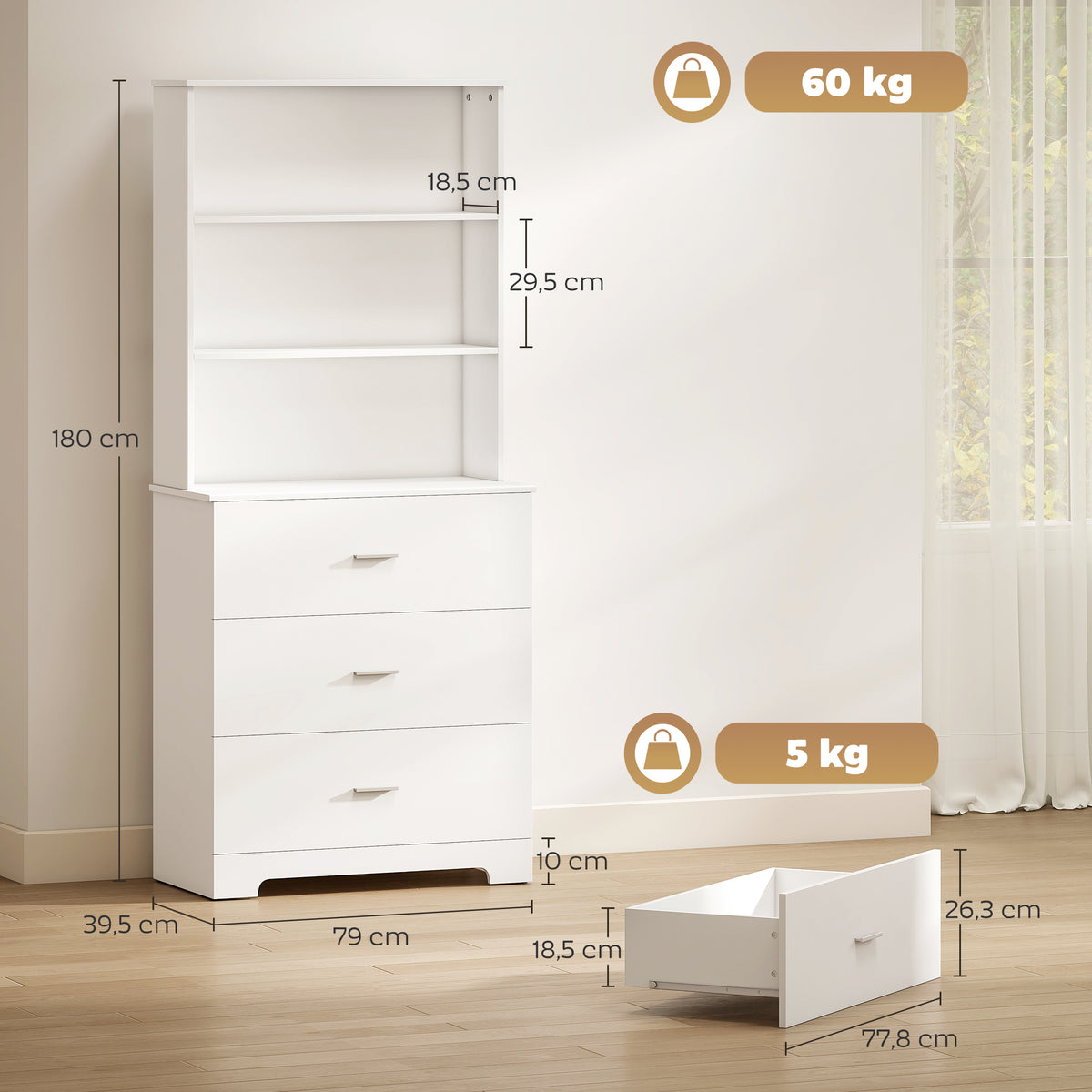 B¨¹cherschrank Hochschrank Vitrinenschrank mit 3 Schubladen, 3 offen Regalen, f¨¹r Wohnzimmer K¨¹che, 79x39,5x180 cm, Wei?