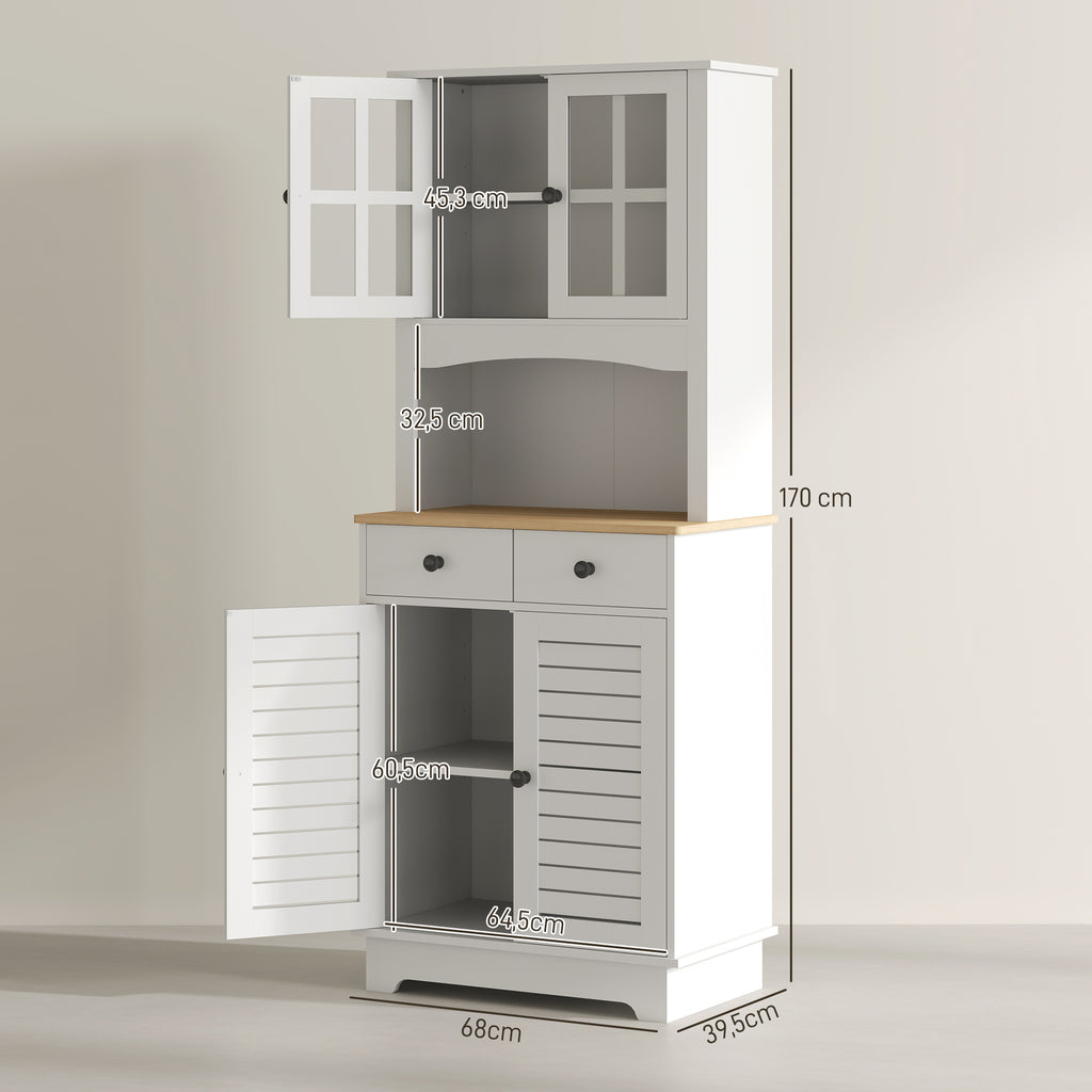 K¨¹chenschrank mit Glast¨¹ren, 2 Schubladen, Geschirrschrank, Esszimmerschrank, Holz, 68 x 39,5 x 170 cm, Wei?