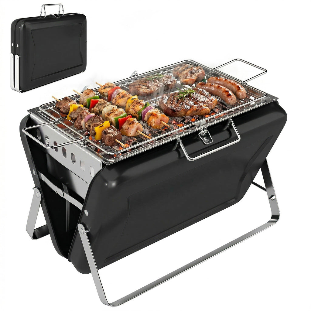 Charcoal BBQ Grill Portable Stainless Steel Barbecue with Tilting Grate for Camping Picnic Garden Black