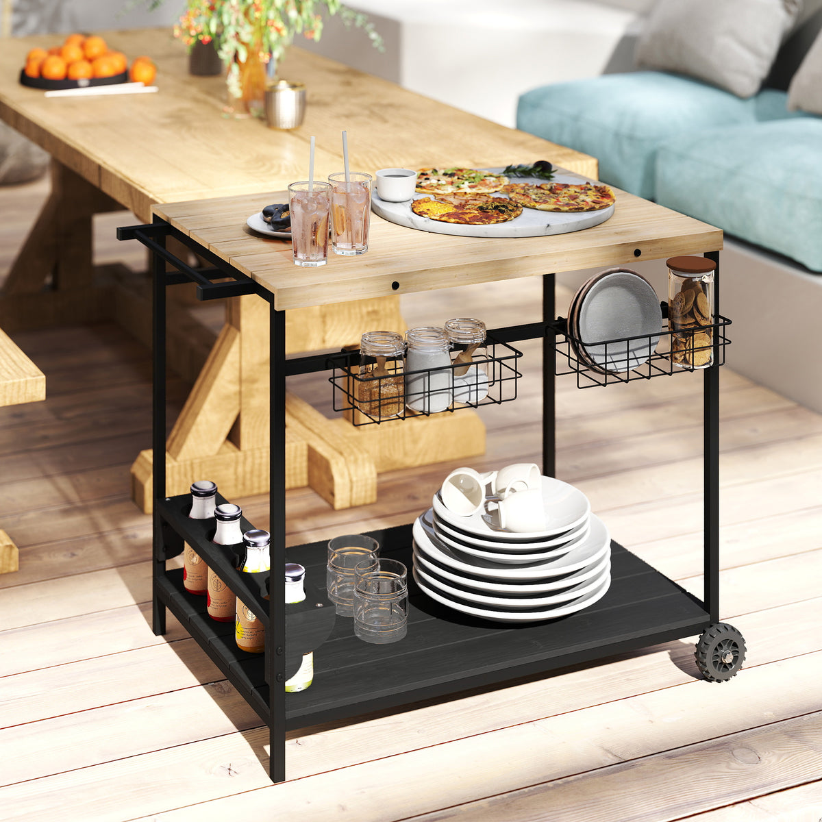 Servierwagen, K¨¹chenwagen, 2 Etagen, 4 Flaschenhalter, In/Outdoor, Natur/Schwarz