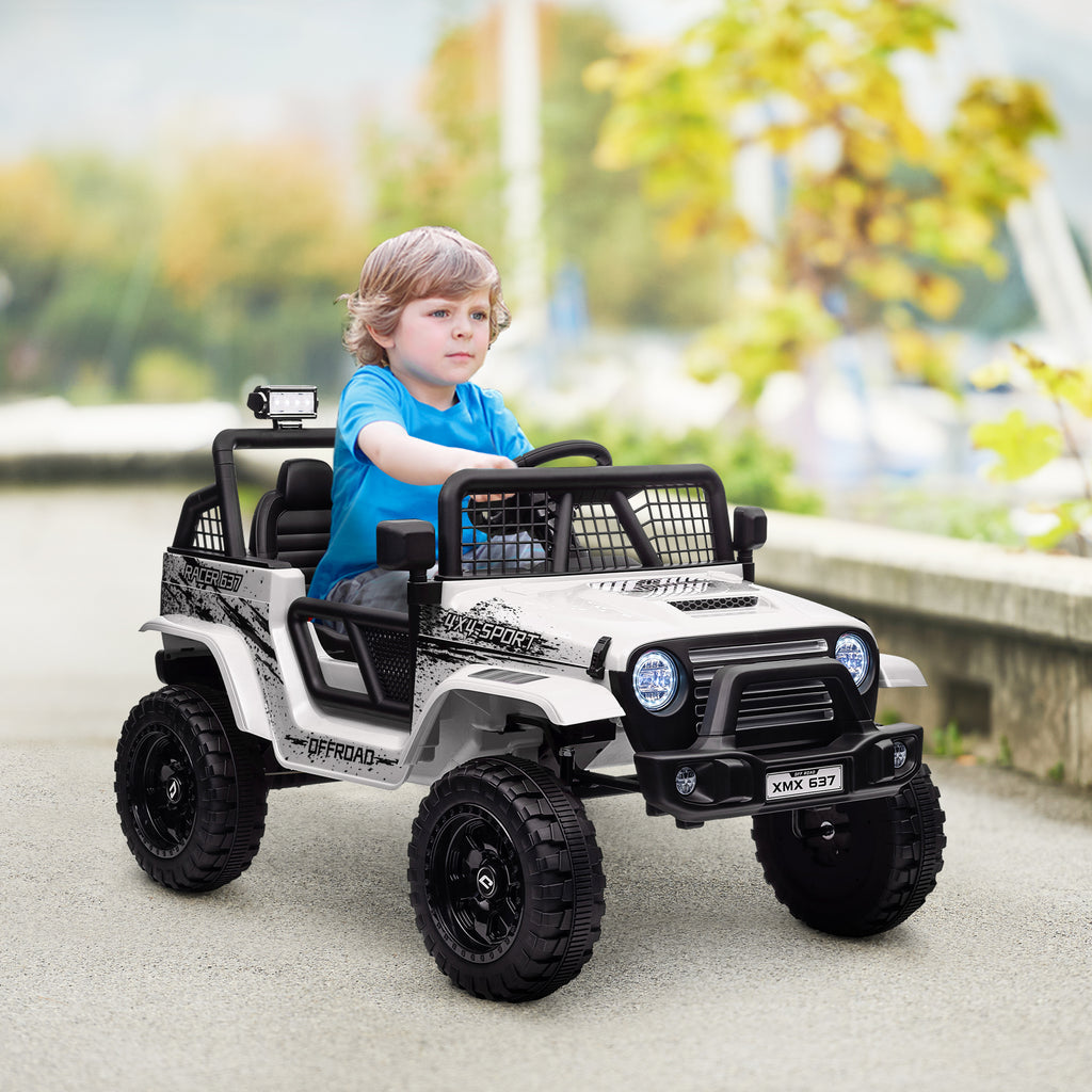 Kinder-Elektroauto mit sanfter Federung, fernsteuerbar, LED-Lichter, Hupe, 12V-Motoren, aus Kunststoff und Metall, Wei?