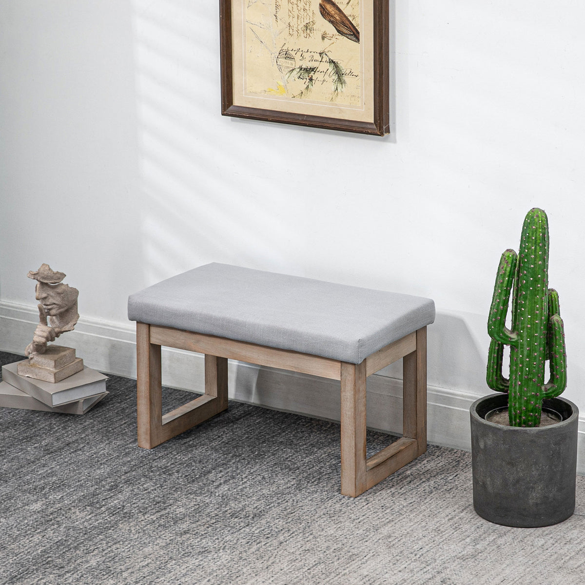Fußbank im Skandi-Design, Sitzhocker, Fußhocker, 68 cm x 38 cm x 42 cm, Grau + Natur