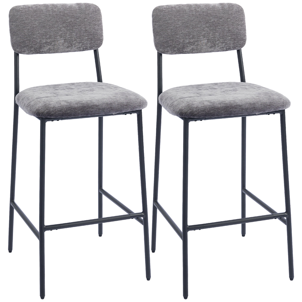 2er-Set Barstühle, gepolsterte Hochstühle für Küchentheke, Hausbar, Rückenlehne, Fußstütze, Stoffbezug, Stahl, Grau