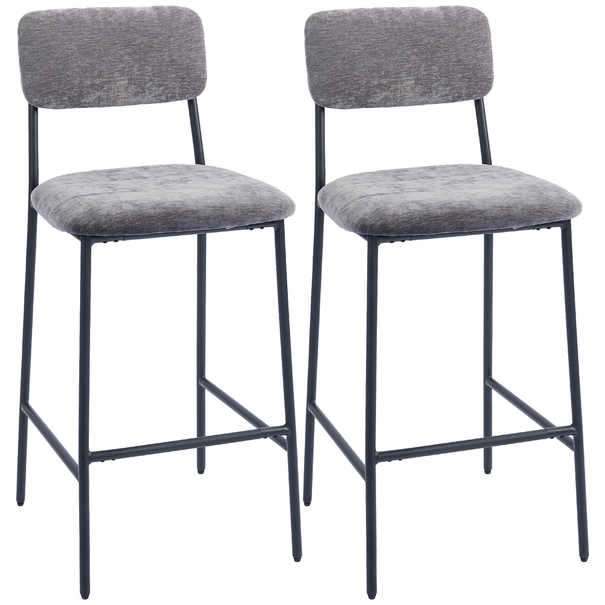 2er-Set Barstühle, gepolsterte Hochstühle für Küchentheke, Hausbar, Rückenlehne, Fußstütze, Stoffbezug, Stahl, Grau