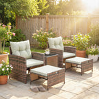 Rattan Gartenmöbel Set 5-teiliges Balkonmöbel Set mit 2 Stühle Kissen Hocker Tisch Staufach Cremeweiß