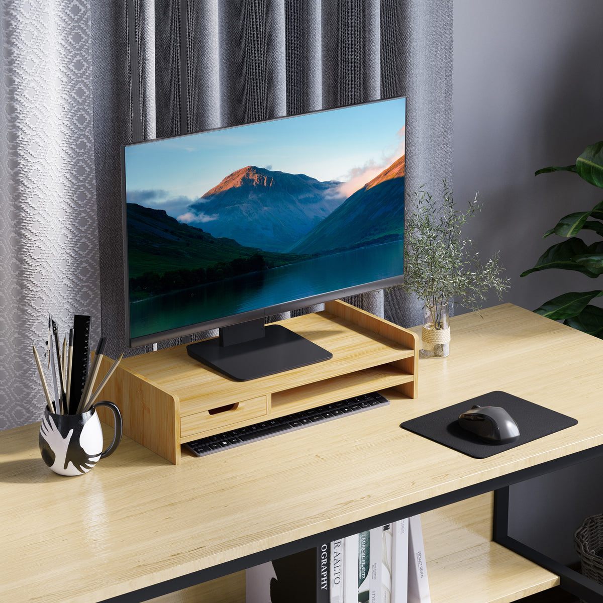 Monitor Riser Laptop PC Plinth Stand TV Computer Desktop Organiser W/ Drawer Bamboo