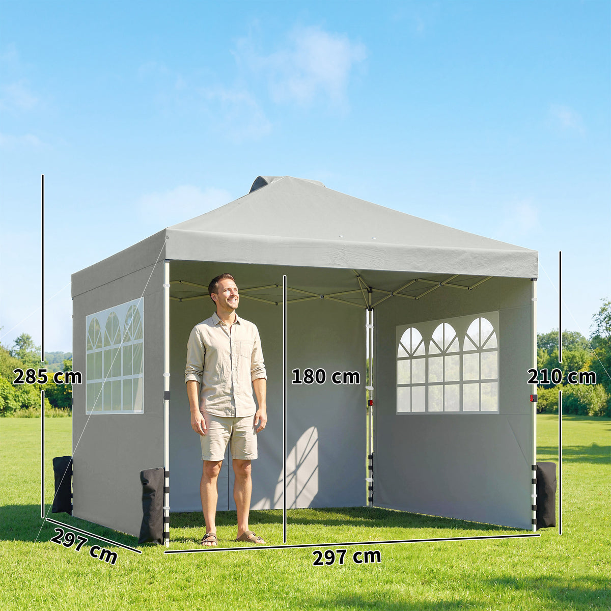 Pavillon ca. 3x3 m Wasserdicht Höhenverstellbar Pop-up Faltpavillon mit 3 Seitenwänden Fenster Lüftung, UV 50+ Hellgrau