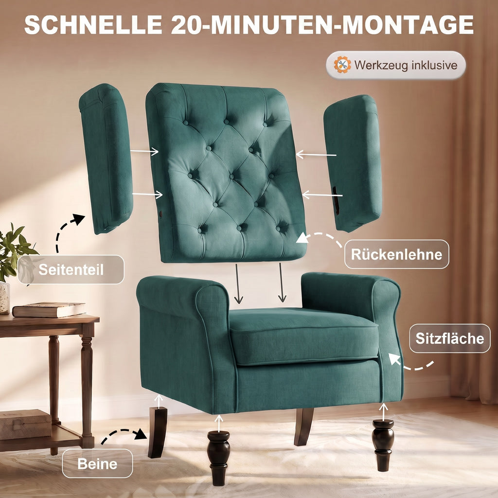 Sessel Ohrensessel mit Armlehnen, mit Kissen, Tufting, Dunkelgrün