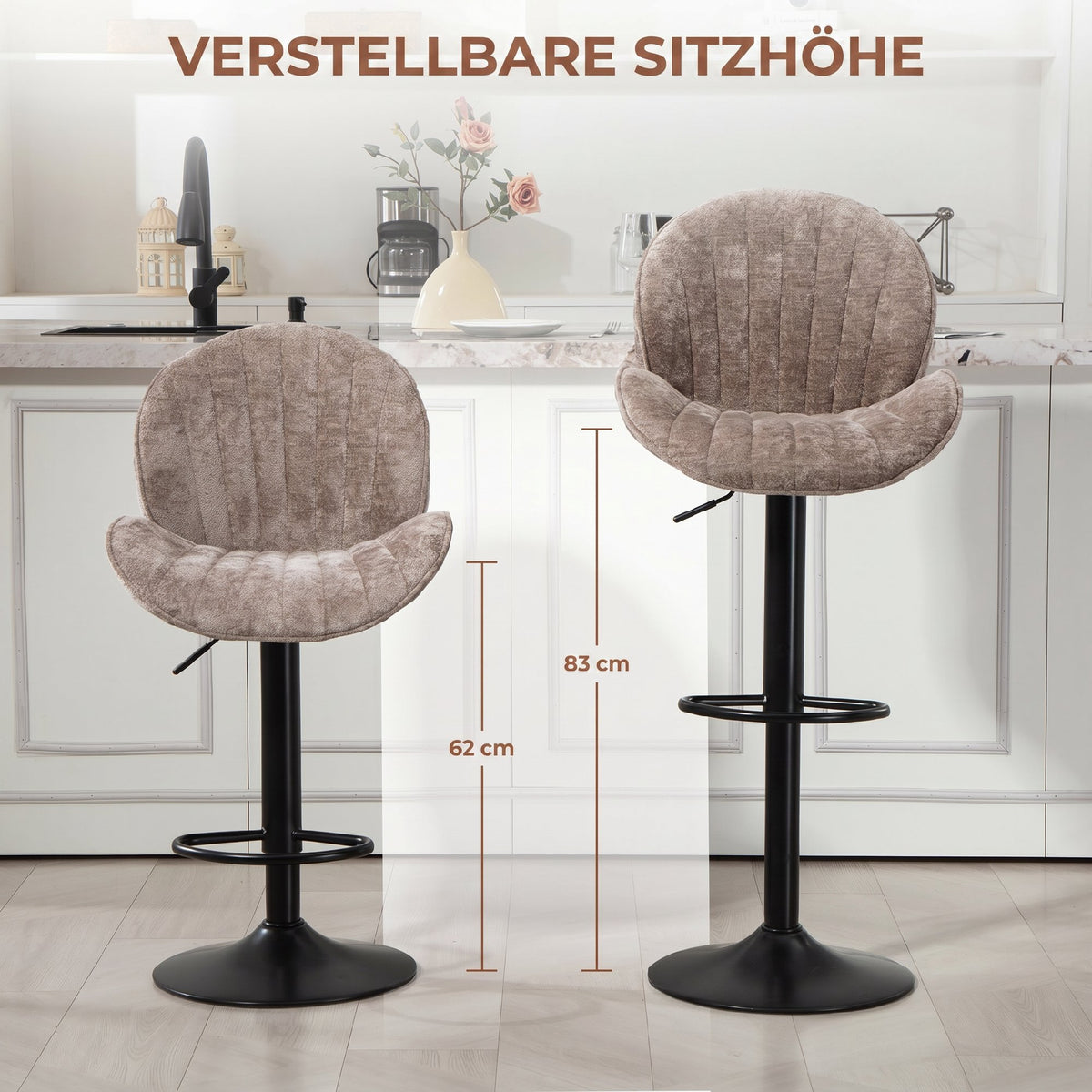 2er-Set Barhocker, Stoffbezug, verstellbare Sitzhöhe, drehbar, Stahlrahmen, Braun