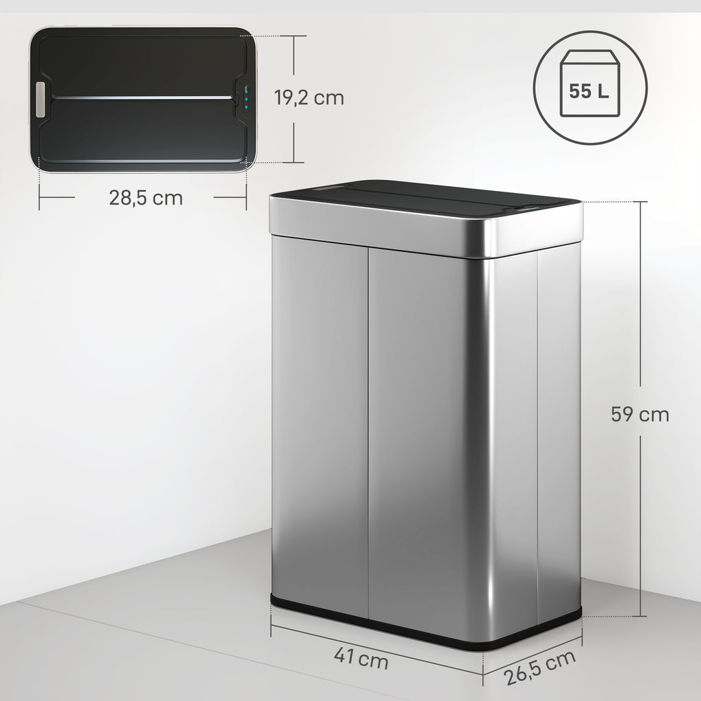 55L Sensor Bin, Large Automatic Touchless Rubbish Bin with Soft-Close Lid, Silver Tone