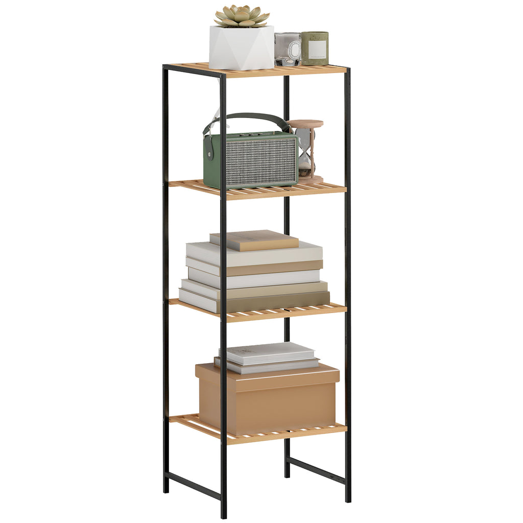 Standregal Badregal aus Bambus und Stahl, mit 4 Ablagen, 4-stöckiges Bücherregal, 36,5 x 33 x 110 cm, Natur