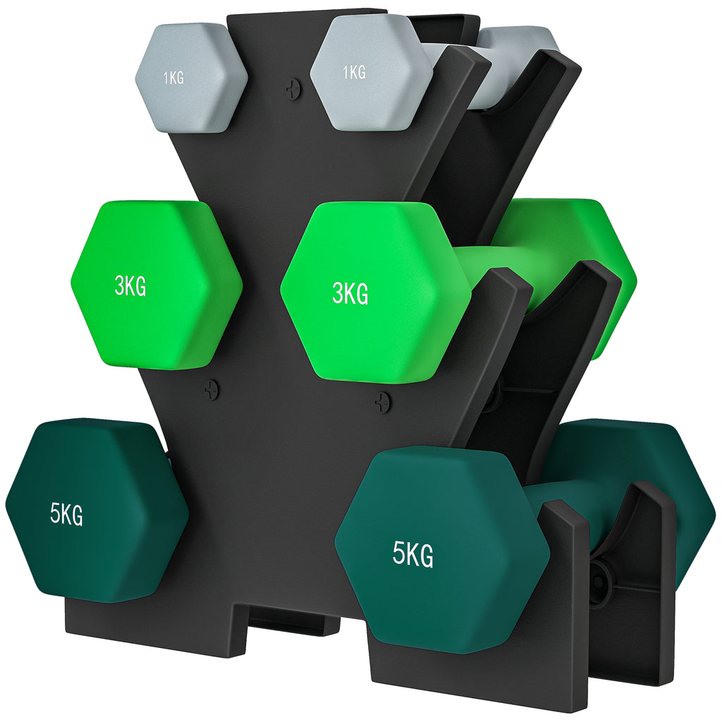 Hantelset mit Aufbewahrungsgestell, Set mit 6 Hanteln f¨¹r Fitness-Training, 2 x 1kg, 2 x 3kg, 2 x 5kg