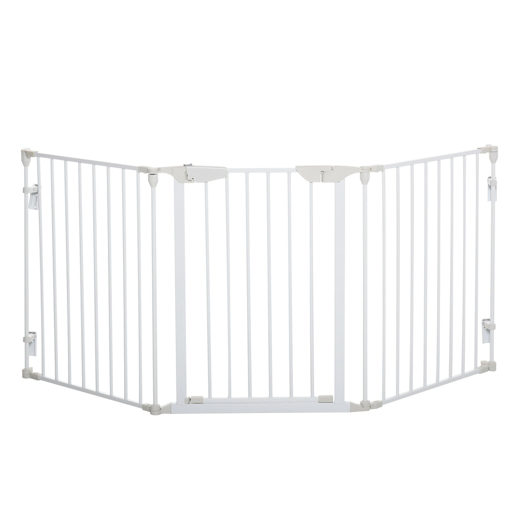 Pet Safety Gate, 3 Panels Playpen Fireplace, Foldable Metal Fence, Stair Barrier, Room Divider, Fire Guard w/ Automatic Closing Door, White