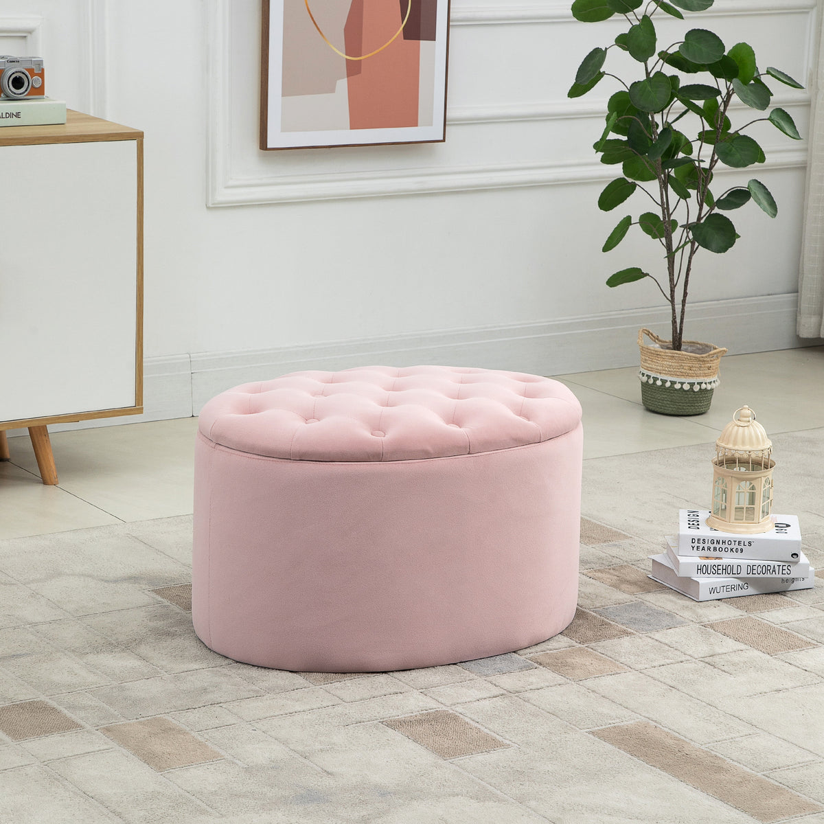 Sitzbank mit Stauraum Polsterbank mit Samtoptik, Sitztruhe Ovale Form, Truhenbank für Wohnzimmer Schlafzimmer Flur 71 x 52 x 42 cm, Rosa