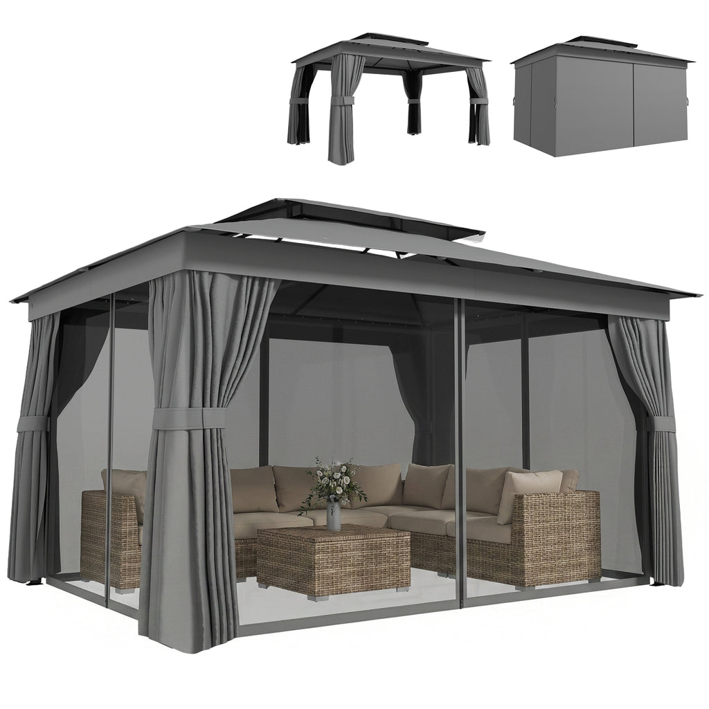 Pavillon 3,8x3m Wasserabweisend Stabil Winterfest Gartenpavillon mit Doppeldach Vorhänge Moskitonetz Haken Dunkelgrau