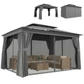 Pavillon 3,8x3m Wasserabweisend Stabil Winterfest Gartenpavillon mit Doppeldach Vorhänge Moskitonetz Haken Dunkelgrau