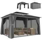 Pavillon 3,8x3m Wasserabweisend Stabil Winterfest Gartenpavillon mit Doppeldach Vorhänge Moskitonetz Haken Dunkelgrau