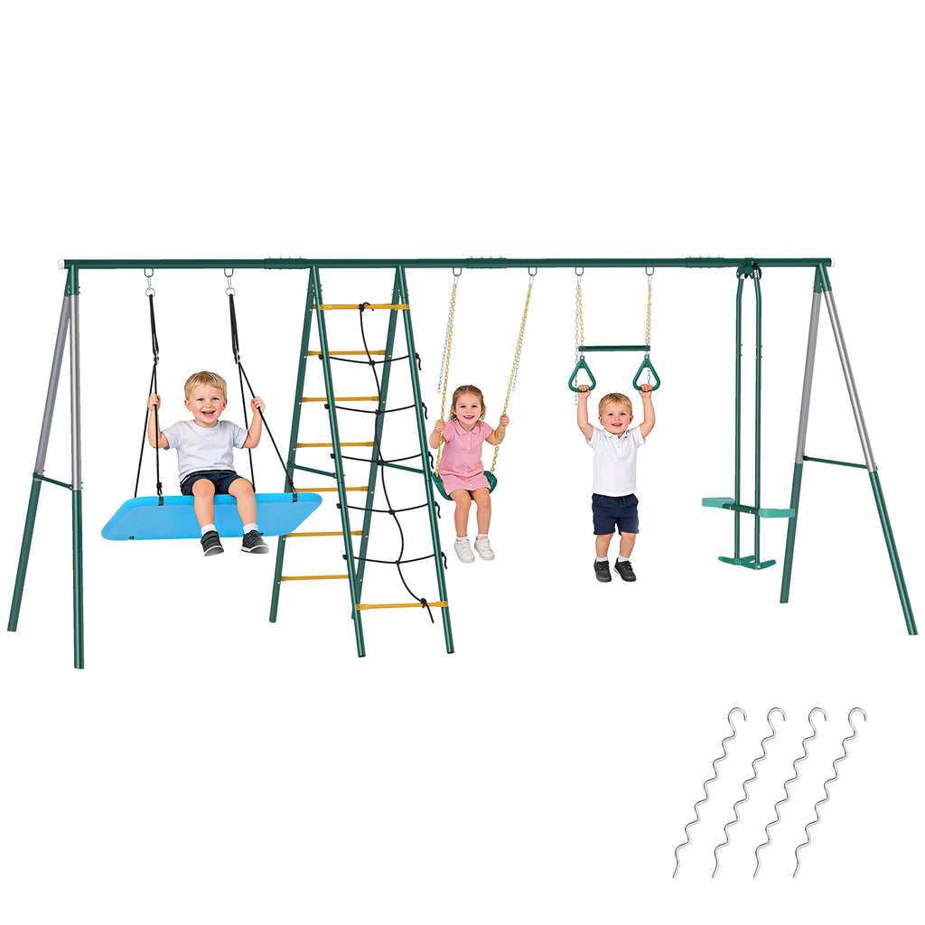 5-in-1 Schaukelgestell mit verstellbarer Nestschaukel Turnringe Doppelsitzer Klettergerüst für 3-8 Jahre 440x175x203 cm